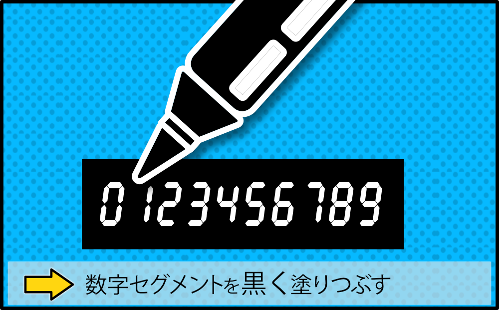 ■テープのデジタル数字セグメントを黒で塗りつぶして、お望みの数字にする。